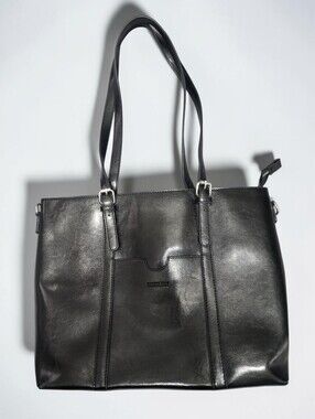 BROMEN Black Vegan Leather Laptop Work Tote Bag